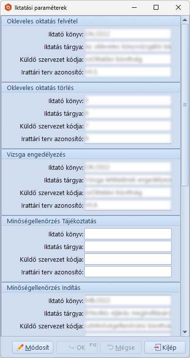 Iktatási Paraméterek