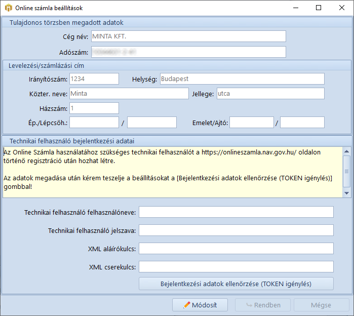 Online Számla Beállítások