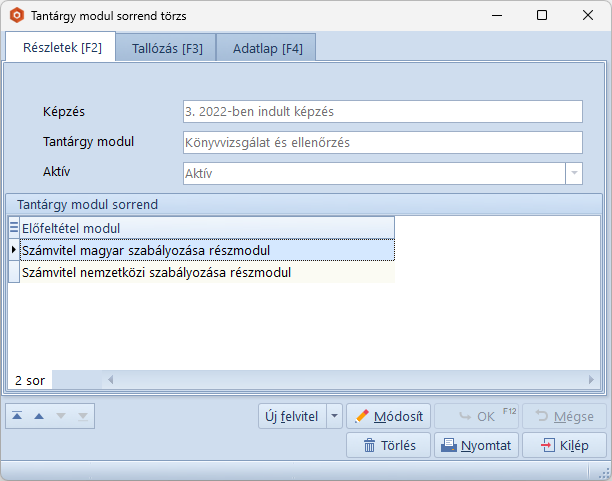 Tantárgy Modul Sorrend Törzs